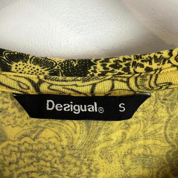 Desigual Women's Small Duna Yellow Floral Print Midi Short Sleeve Dress Cut Out - Picture 8 of 13